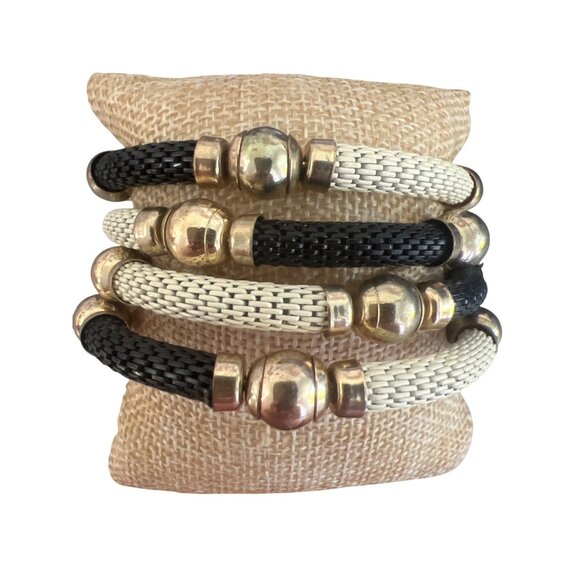 Vintage Gold Tone Cream Black Mesh Memory Wire Bracelet Cuff Adj Estate READ - Picture 3 of 4